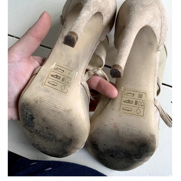 ALDO Heels Womens 9 Beige Faux Suede Open Toe Mesh Inset Strappy Stiletto Shoes - Picture 2 of 7